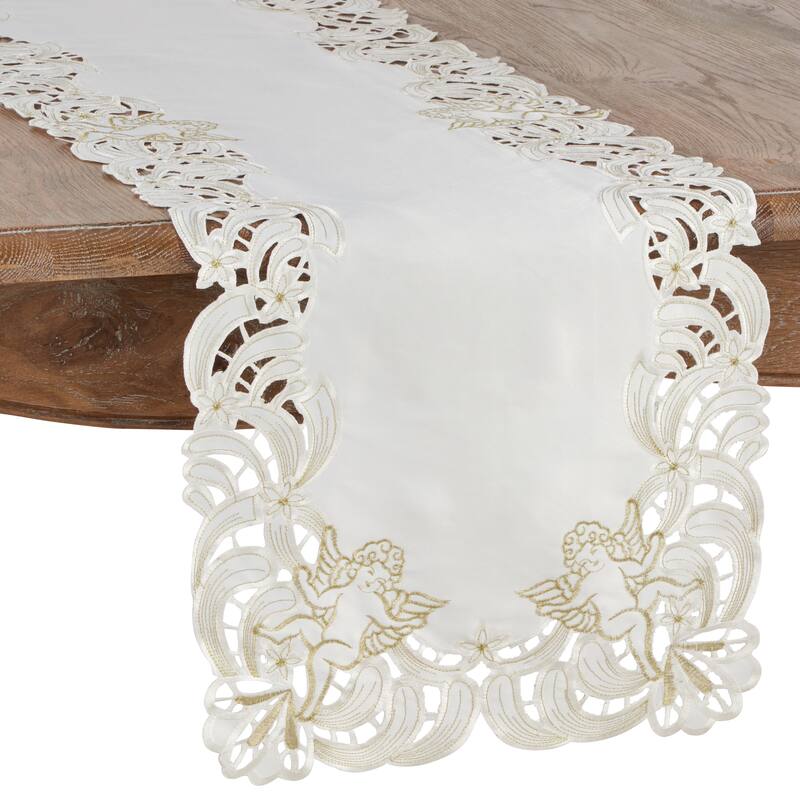 Embroidered Angel Cherub Design Christmas Table Runner - 15"x108" - Ivory