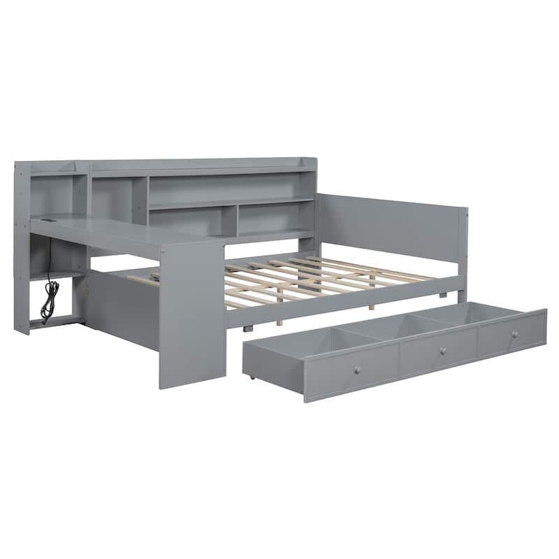 Full Size Daybed with 3 Storage Drawers & Shelves Headboard, Wooden Sofa Bed Frame with USB Ports and Desk, No Box Spring Needed
