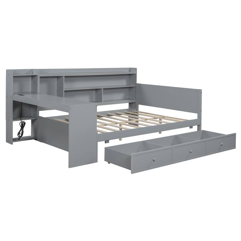 Full Size Wooden Daybed with Drawers, USB Ports, and Integrated Desk, Gray