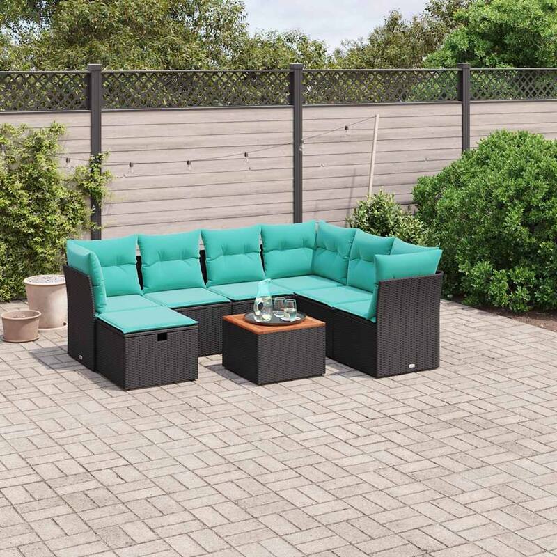 vidaXL Patio Sofa Set with Cushions Outdoor Furniture 8 Piece Poly Rattan - 24.4" x 24.4" x 27.2" - Black and blue 3xmiddle+3x corner+footrest+table