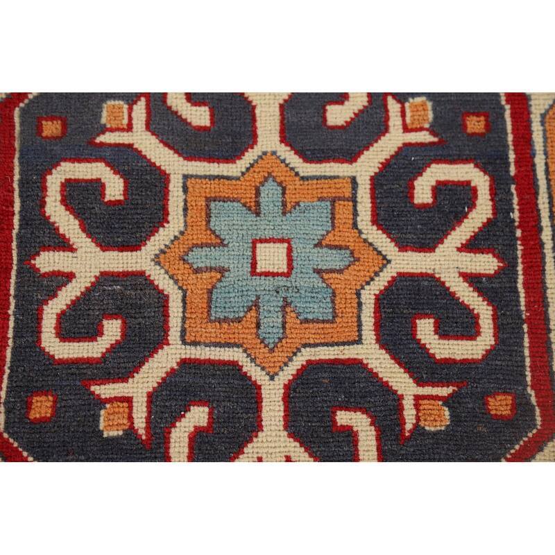 Geometric Kazak Runner Rug Hand-Knotted Wool Carpet - 3'3" x 7'2"