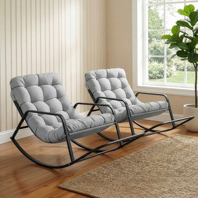 Oversized Papasan Rocking Lounge Chair with Footrest, Heavy-Duty 450lbs Metal Frame, Indoor Outdoor Patio Rocker with Cushion