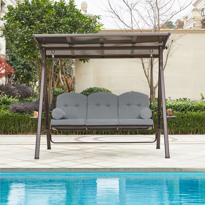 Outdoor 3-Seat Porch Swing with Adjustable Canopy & Cup Holder,Porch Swing Glider Chair, Heavy-Duty Steel Frame