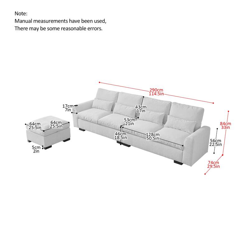 114.5" Modern Modular L Shaped Chenille Sofa with Reversible Ottoman, Storage, USB Ports & Cup Holder in Dark Grey