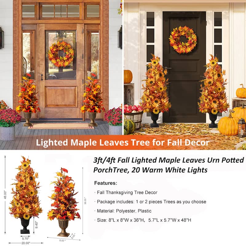 Glitzhome 3FT Fall LED Lighted Maple Leaves Urn Potted Porch Tree with Timer