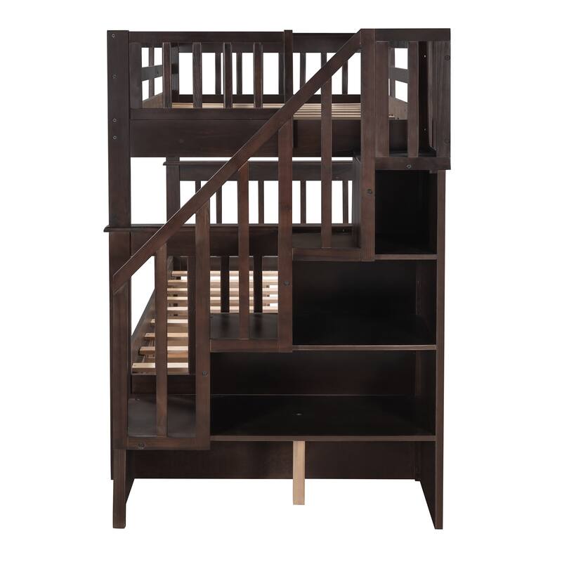 Wooden Stairway Bunk Beds with 3 Under Bed Drawers and Guard Rail