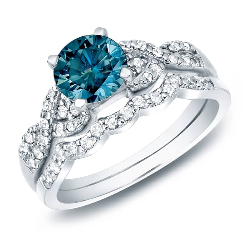 Auriya 14k Gold 1ctw Braided Twist Blue Diamond Engagement Ring Set - White - 4