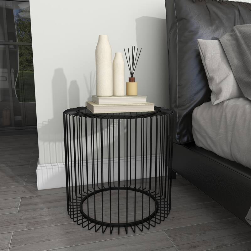Metal Open Wire Frame Accent Table with Shaded Glass Top - Black - Roche River Decor