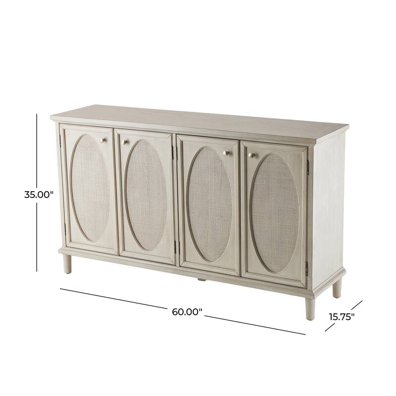Wooden Geometric Washed Oval Rattan Front 4 Door Sideboard with Round Silver Knobs - Light Gray - Roche River Decor