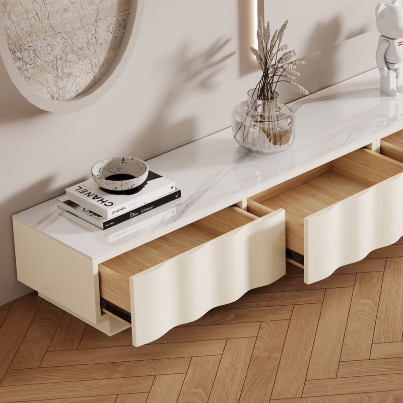 Modern Cream TV Stands with 3-6 Drawers, White Media Console with Glossy Sintered Stone Tabletop