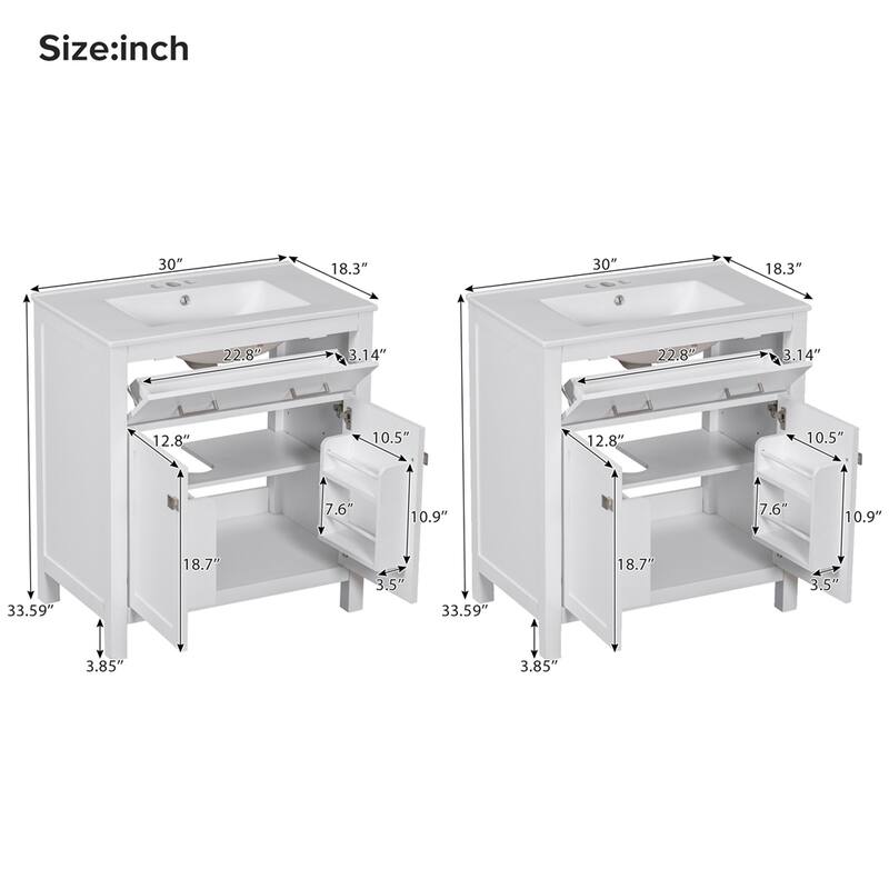 60" Bathroom Vanity Set with Double Vanities (Separate),Ceramic Sinks - White