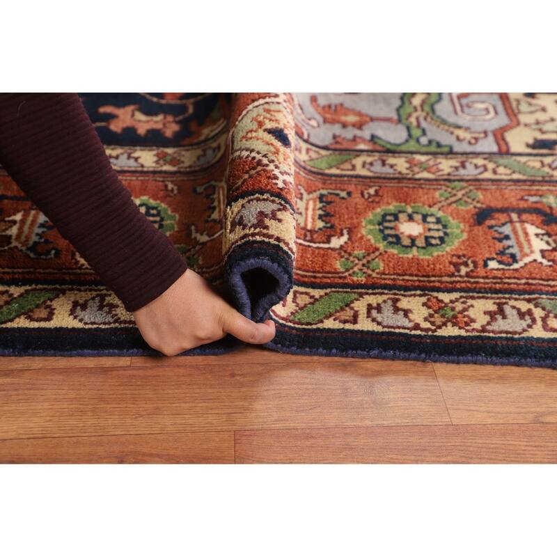 Navy Blue Orange Heriz Serapi Indian Area Rug Hand-Knotted Wool Carpet - 8'10" X 11'9"