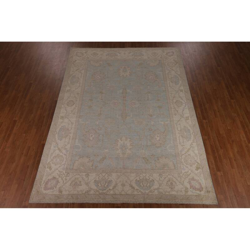 Floral Blue Oushak Turkish Area Rug Hand-Knotted Wool Carpet - 9'0"x 12'1"