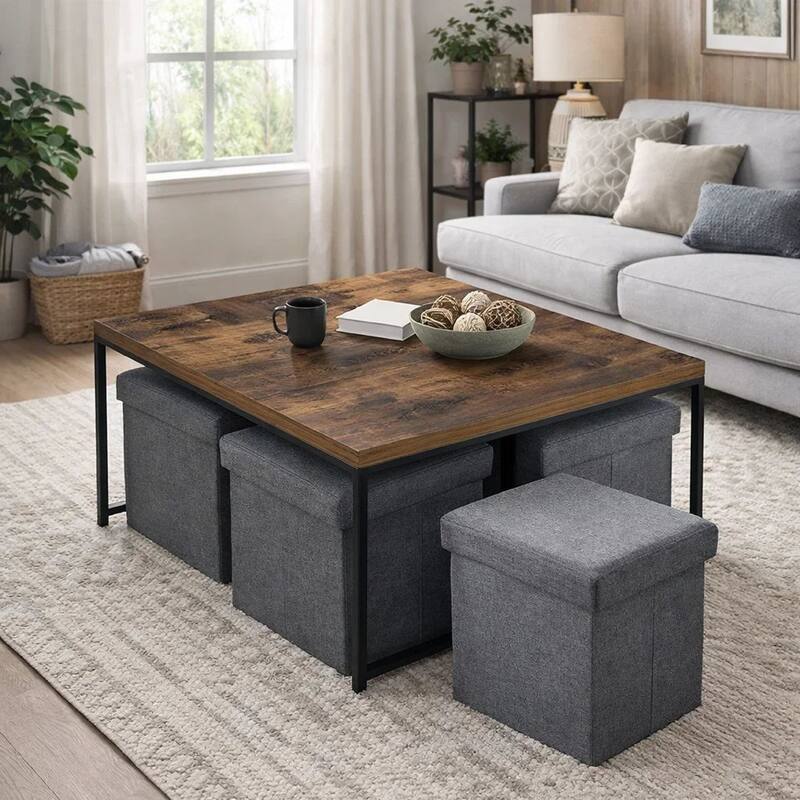 All 5 Piece Coffee Table Set, Oak Brown Top with 4 Nesting Storage Bins