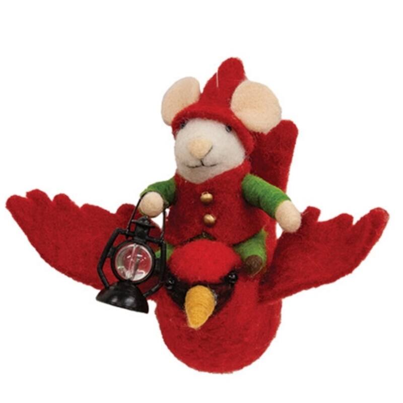 Mouse on Flying Cardinal Felted Orament - Multi