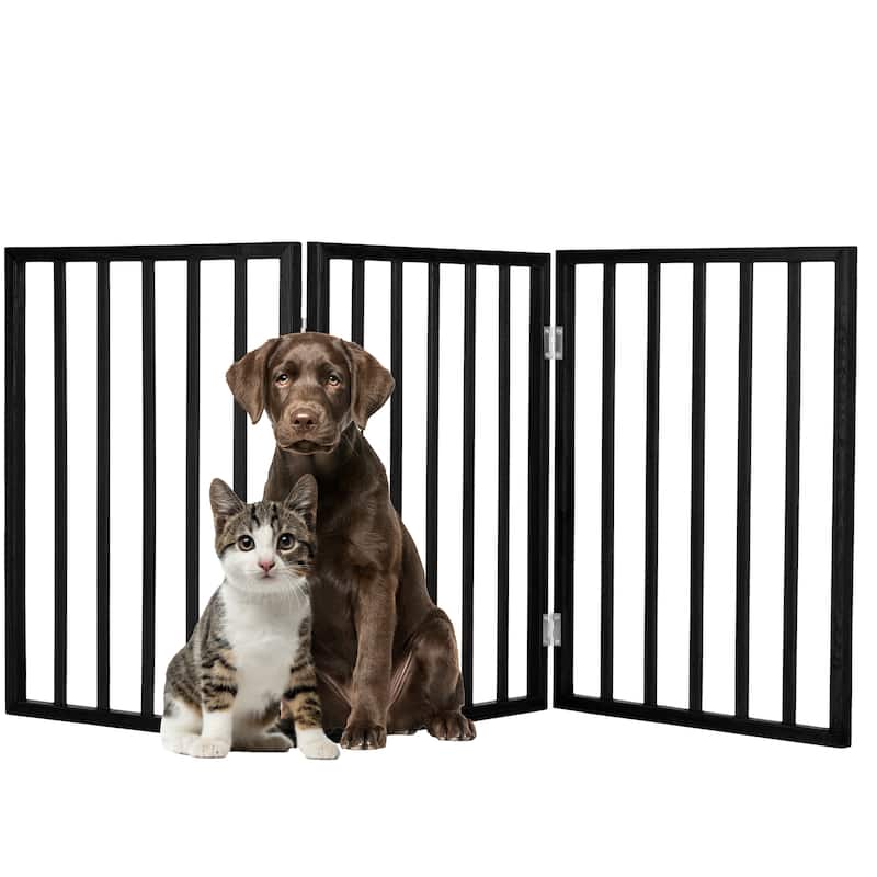 3-Panel Indoor Foldable Dog Gate - 54x24-Inch Wood Freestanding Pet Fence - Black