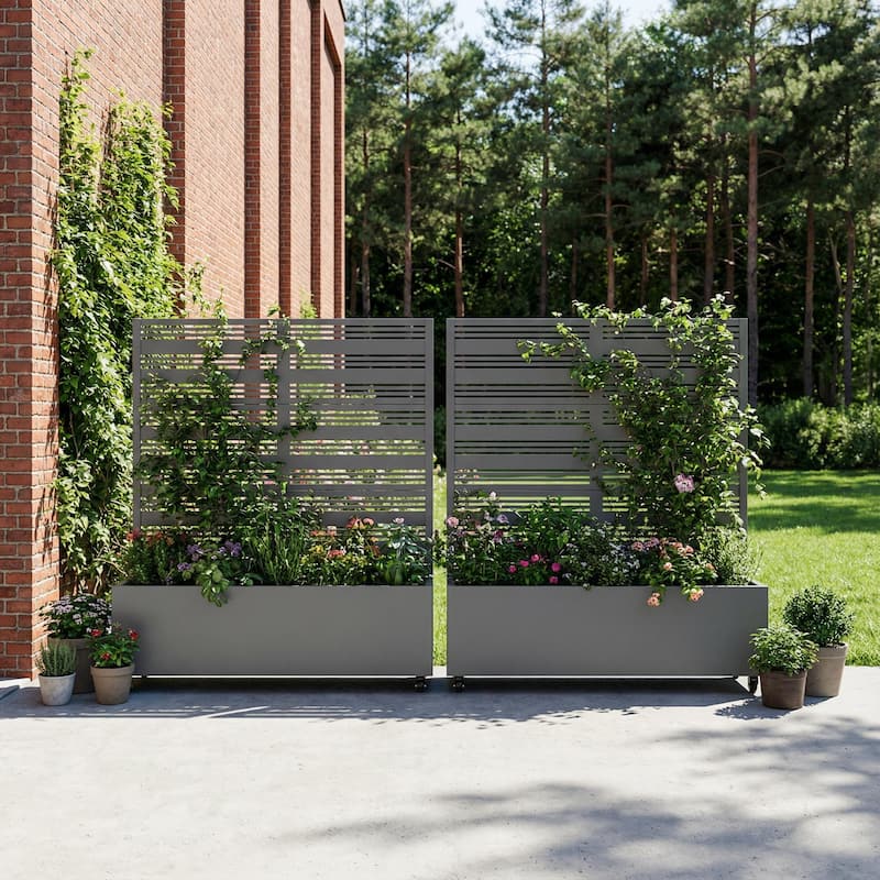 Outdoor Metal Galvanized Privacy Screen Planter Box with Trellis Lockable Wheels