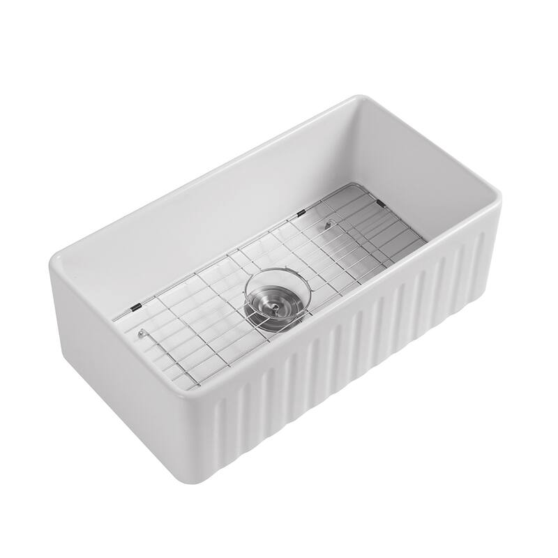 Premium White Fireclay Kitchen Sink for Home, Farmhouse (Grid & Strainer Included)