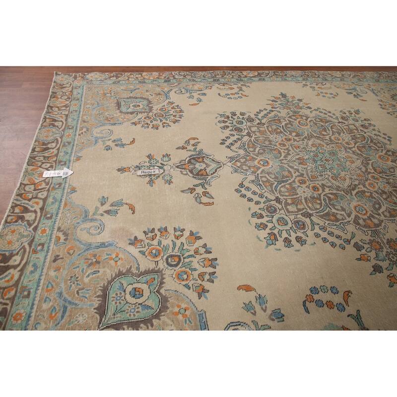 Hand Knotted Oriental 100% Wool Carpet Traditional Floral Beige & Ivories Tabriz Area Rug - 11' 6'' X 8' 7''