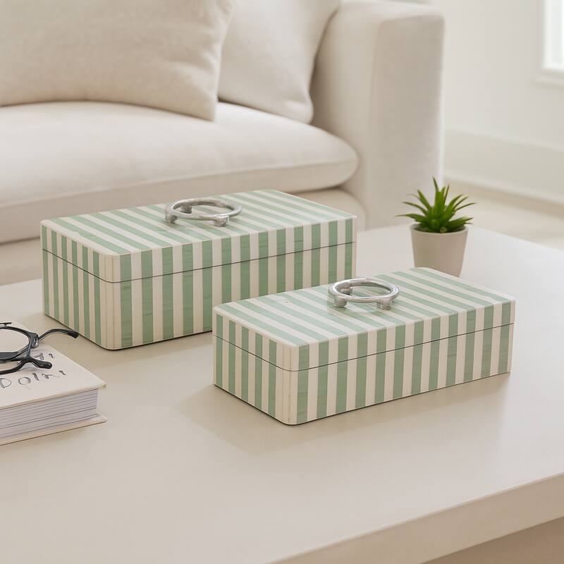 Resin Storage Boxes Striped Metallic Handles (Set of 2) - 5", 4" Green - 14" x 8" x 4.5"