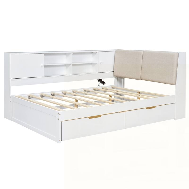 L-shaped Daybed Corner Bed with Storage Bookcase and USB Charging Ports