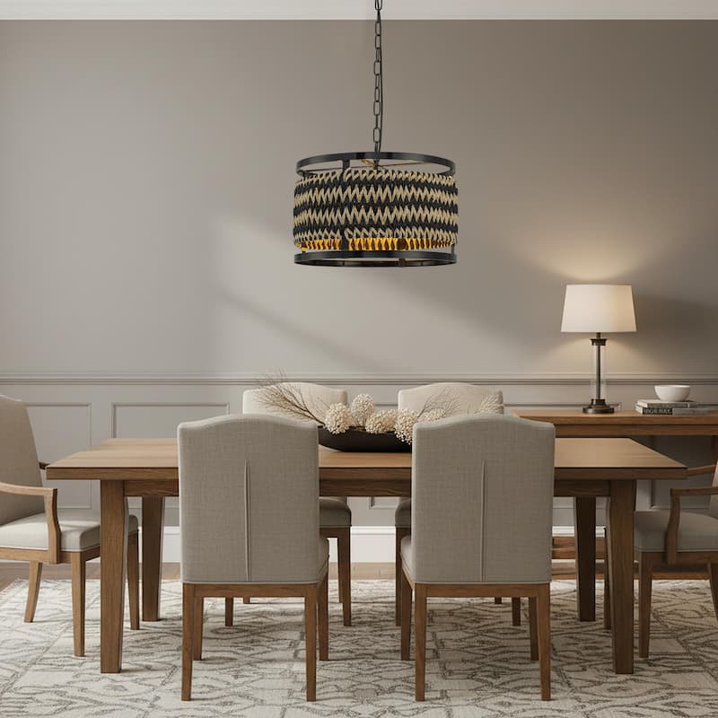 Inca 3-Light Rattan Hemp Drum Pendant, Scandi Coastal Boho - Handwoven - 18" Wide