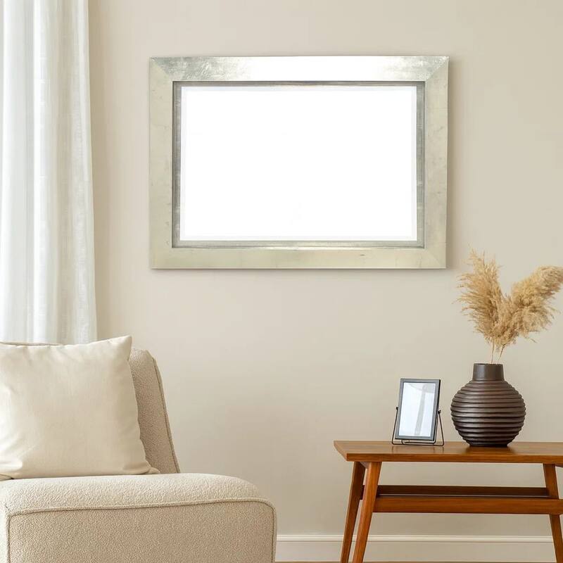 Contemporary Style Rectangular Wooden Frame Wall Mirror, Silver