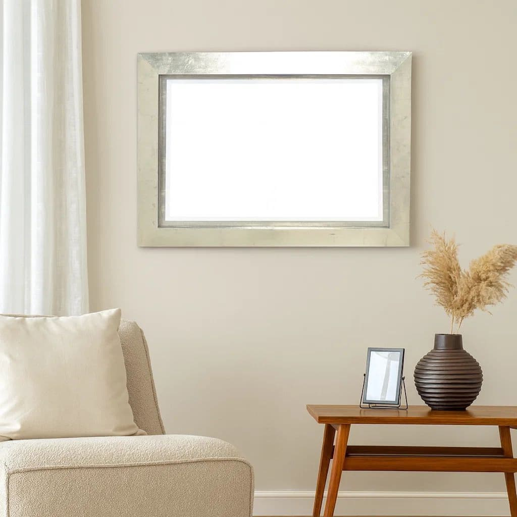 Contemporary Style Rectangular Wooden Frame Wall Mirror, Silver