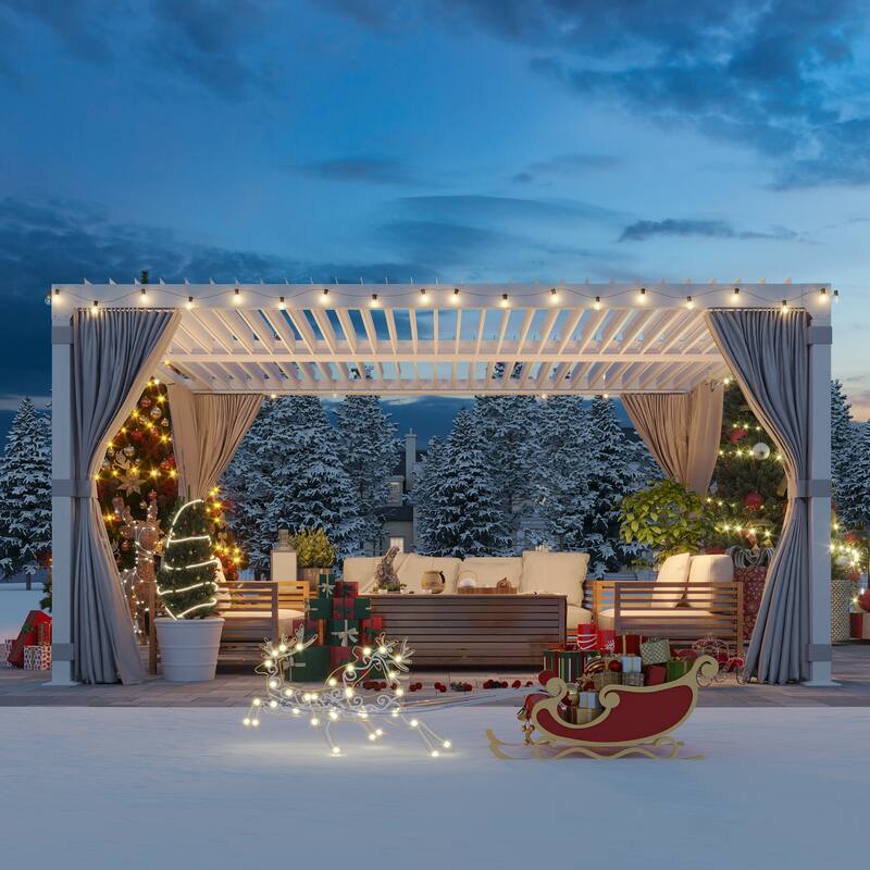 Outdoor Louvered Pergola, Outdoor Patio Hardtop Gazebo, Adjustable Metal Roof Curtains and Netting Included