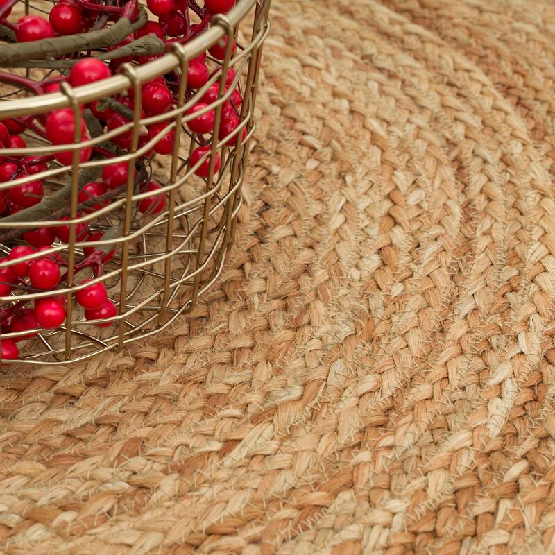 Hand-Woven Jute Rug Round with Natural Jute Fibers and Circles