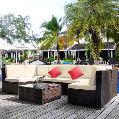 GZMR 7 Pieces Patio Furniture Set PE Rattan Sectional Garden Furniture Corner Sofa Set