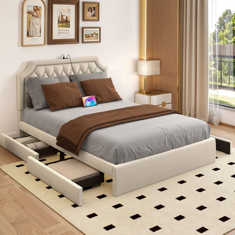 Moasis Velvet/Linen Upholstered Bedframe with Adjustable Headboard and 4 Storage Drawers