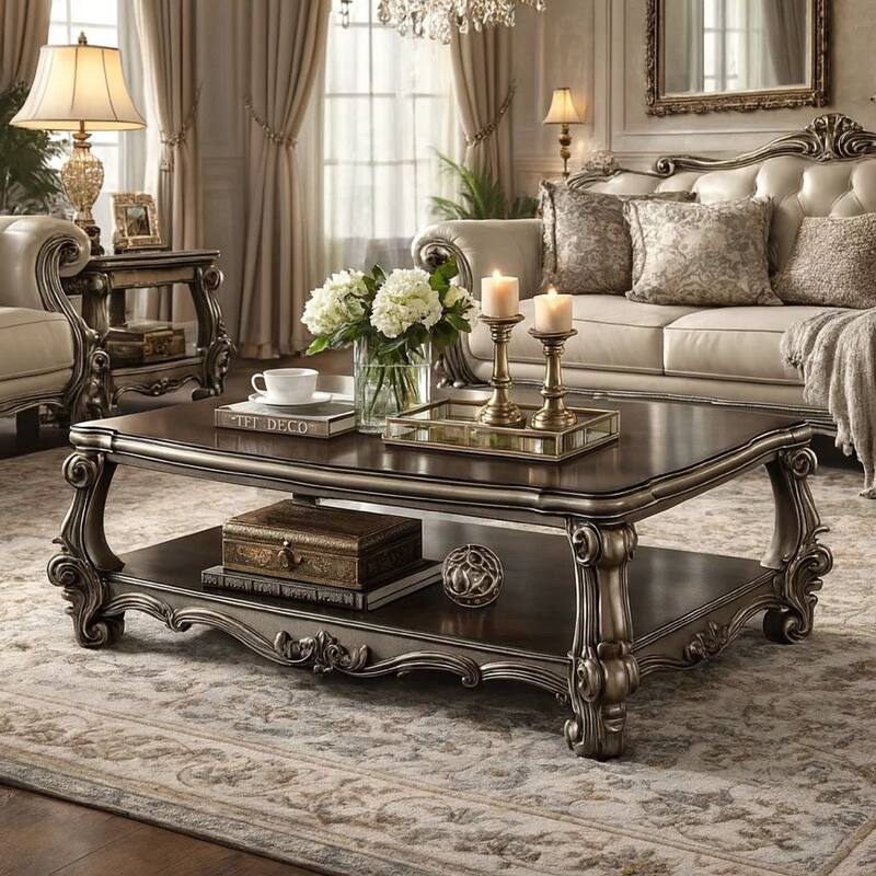 Wooden Coffee Table with Vintage Style Oversized Legs and One Open Shelf, Silver