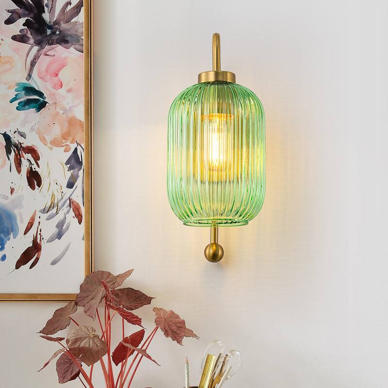 1-Light Green Striped Lantern Glass Wall Sconce - 5.5" W × 8.3" D × 13" H