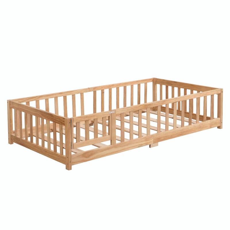 Solid Wood Platform Bed Frame with Floor Bed Design and Fence