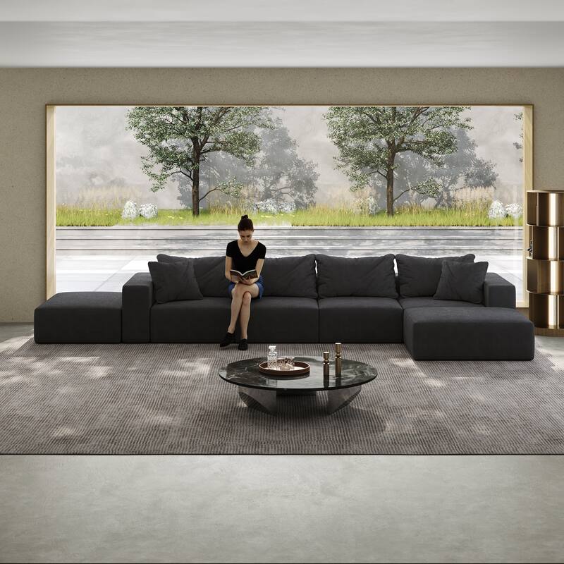 Floor Upholstered Sectional Sofa Modular L Shaped Couch Set with 6 Pillows and Ottomans, Living Room Sleeper Sofa Bed