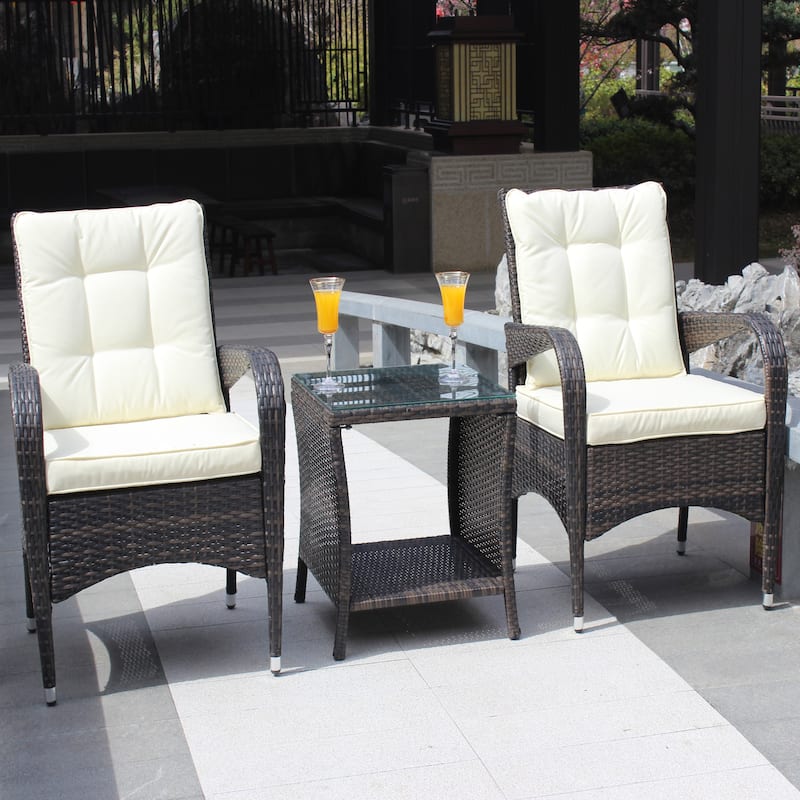 3-piece Outdoor Patio Conversation Seating Furniture Set with Cushions and Tempered Glass Top Table