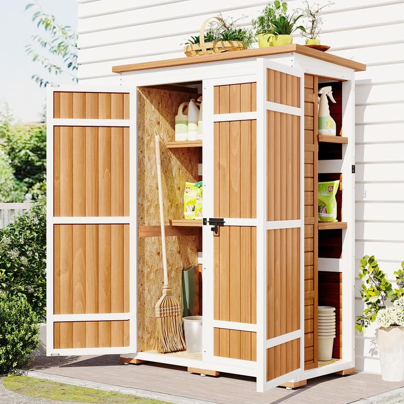 5.5ft x4.1ftWood Storage Shed with Waterproof Asphalt Roof and Four Lockable Doors - Natural