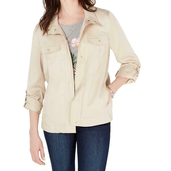 Tommy Hilfiger Womens Utility Jacket Beige Large L Snap Button Front