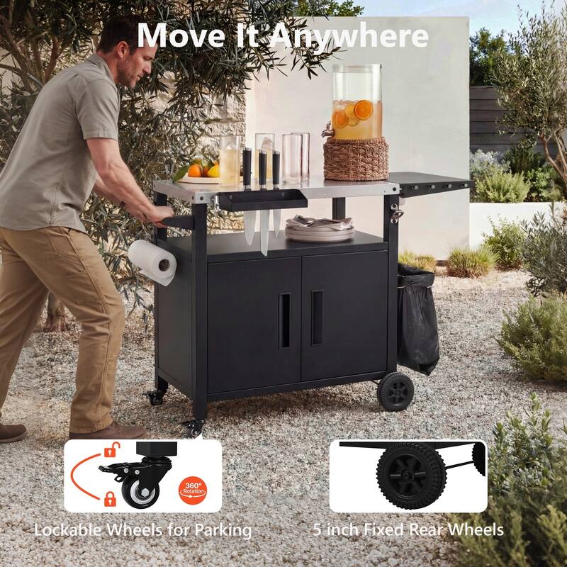 Outdoor Grill Cart with Foldable Table, Storage Cabinet & Wheels