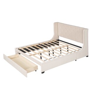Queen Size Upholstered Platform Bed with Footside Drawer&Wingback Headboard for Small Bedroom City Aprtment Dorm