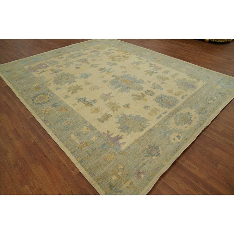 Vegetable Dye Wool Oushak Turkish Area Rug, Floral Geometric Carpet - 11' 1'' X 8' 11''