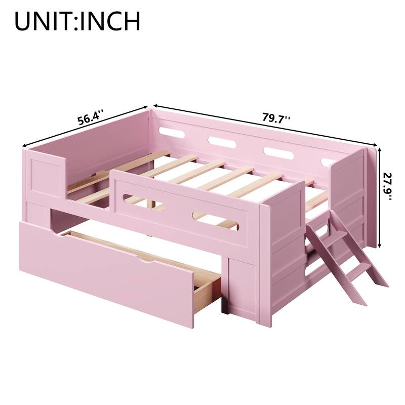 Kids Low Loft Bed with Stairs, Large Drawer and Guardrail, Semi-Enclosed Fence Platform Toddler Bed, Wooden Storage Daybed