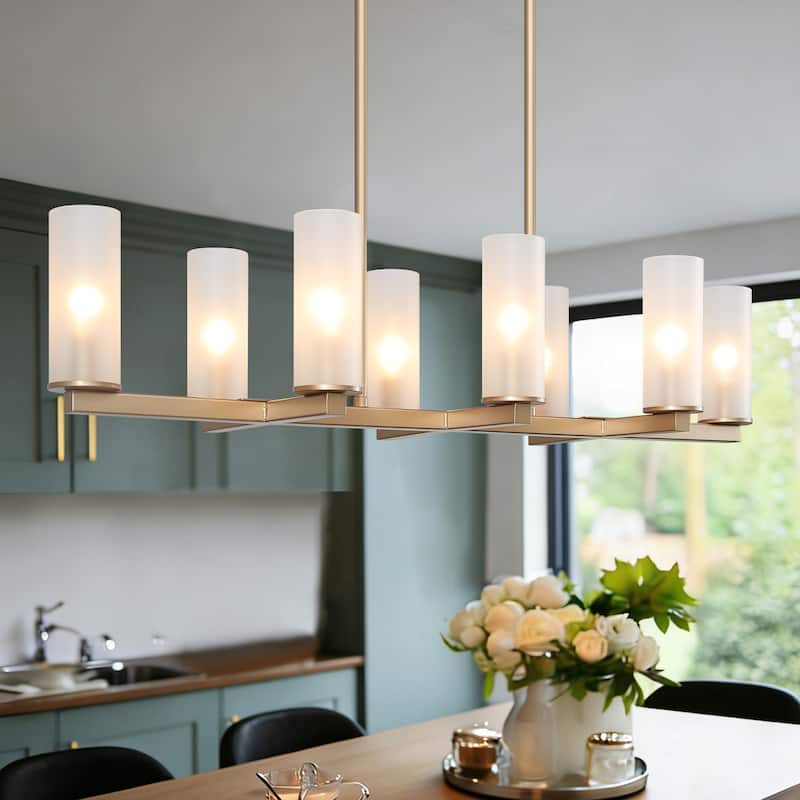 Glitter Modern Gold Linear 8-Light Frosted Glass Chandelier for Kitchen Island or Dining Room - L32.5"x W11"x H 65" - L32.5"x W11"x H 65" - Antique Gold