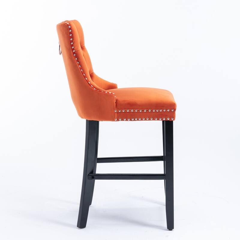 Modern Velvet Upholstered Barstools Bar Chairs with Button Tufted Decoration,Wooden Legs,Chrome Nailhead Trim, Set of 2
