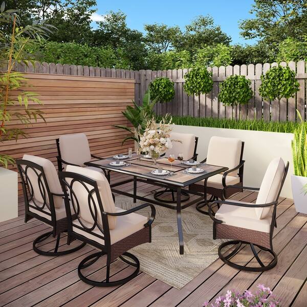 slide 2 of 26, 7/8-Piece Patio Dining Set of 6 Swivel Metal Rattan Chairs with Deep-seating Chairs and Wood-like Table Top Table Black - 7-Piece Sets