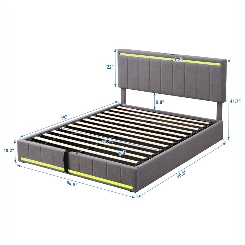 Queen Size Upholstered Platform Bed with Hydraulic Storage System, LED Light and a Set of USB