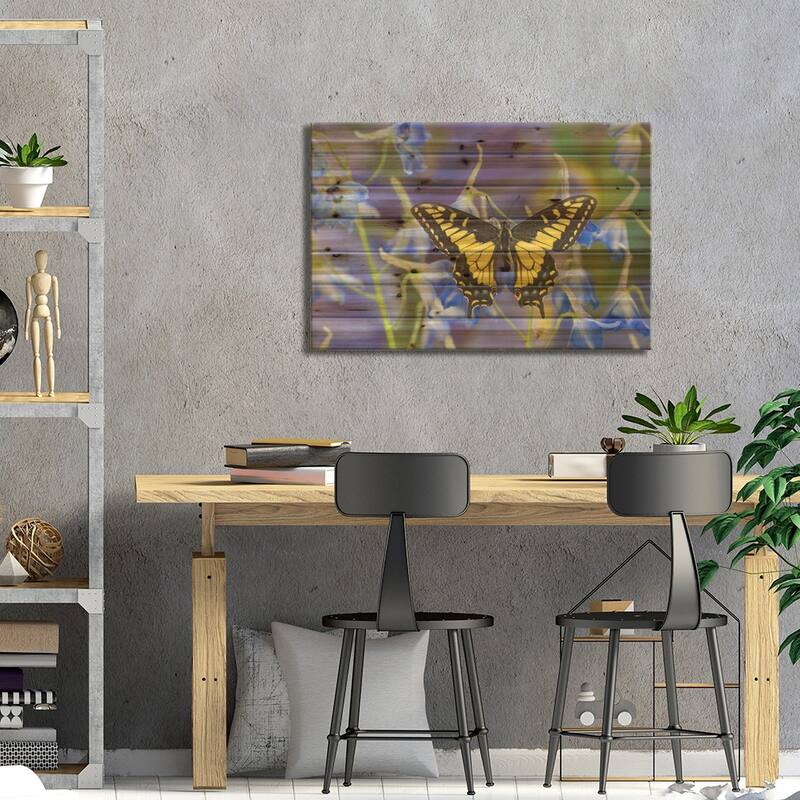 Open-Winged Anise Swallowtail In Zoom Among Blue Delphinium Print On Wood by Darrell Gulin - Multi-Color
