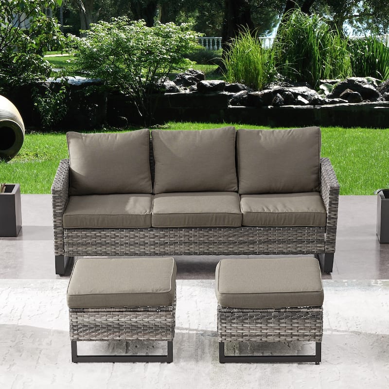 Pocassy Outdoor 3-Seat Sofa Ottomans Set of 3 - Grey - Grey