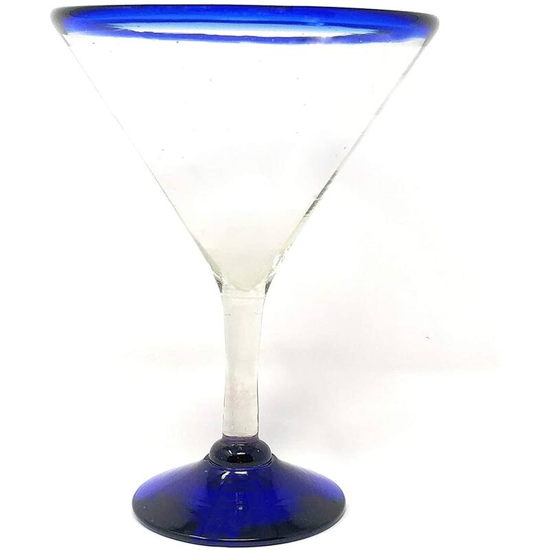 Dos Sueños Mexican Hand Blown Glass - Set of 4 Hand Blown Modern Margarita Glasses - Blue Rim (12 oz)